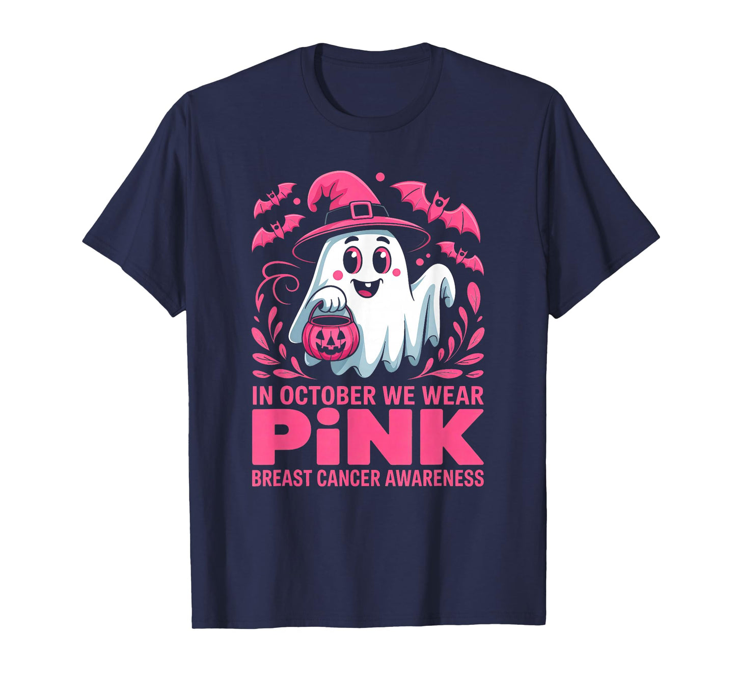 in October We Wear Pink Ghost Breast Cancer Women Halloween T-Shirt