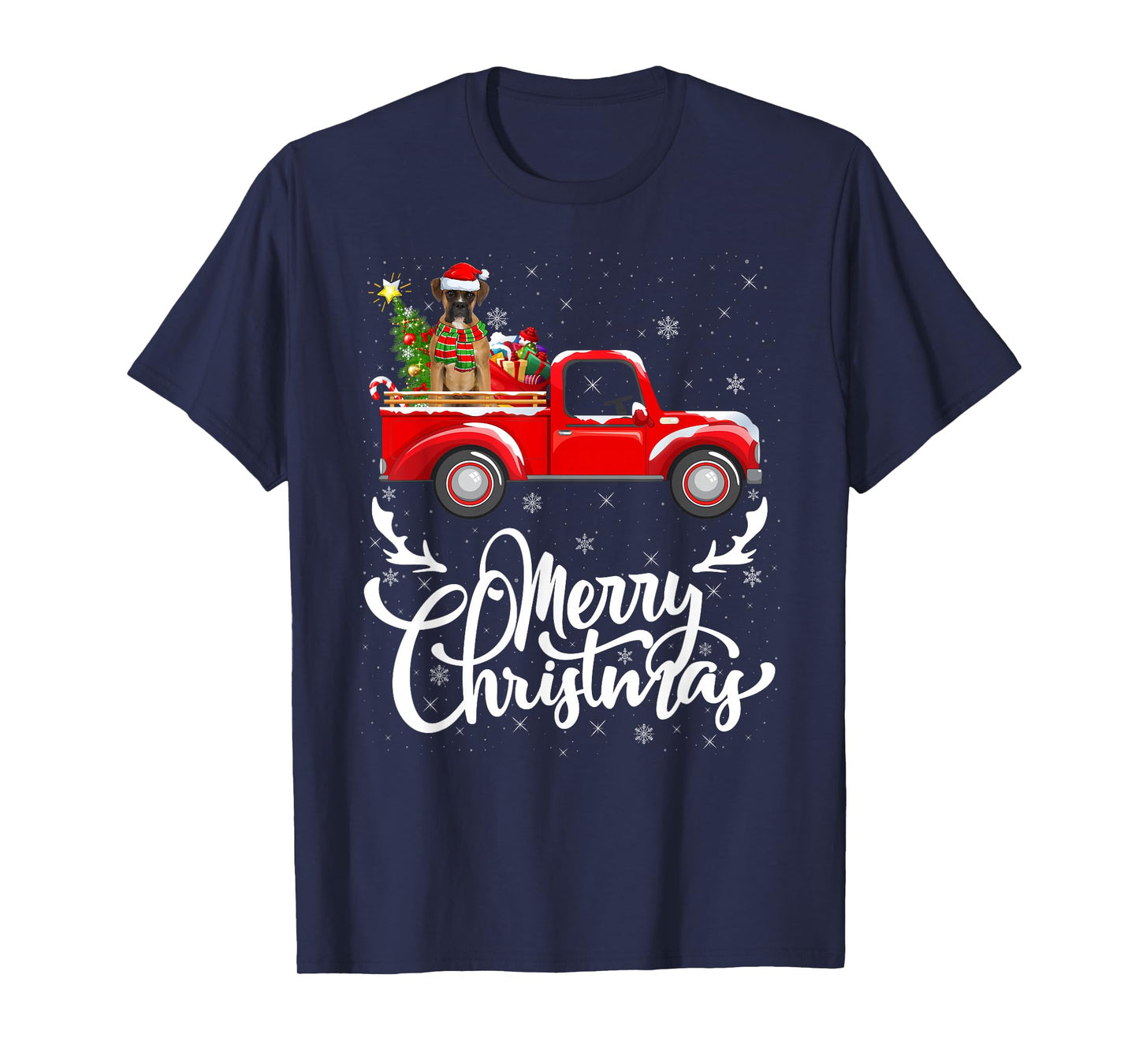 Boxer Dog On Christmas Red Truck Funny Pet Dog Lover Xmas T-Shirt