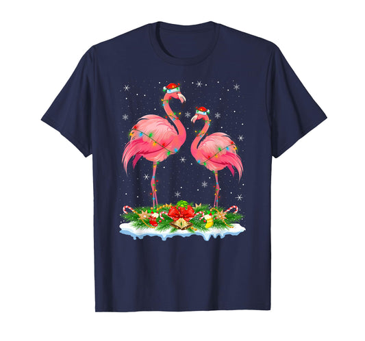 Flamingo Christmas Lights Santa Hat Holiday Tropical Xmas T-Shirt