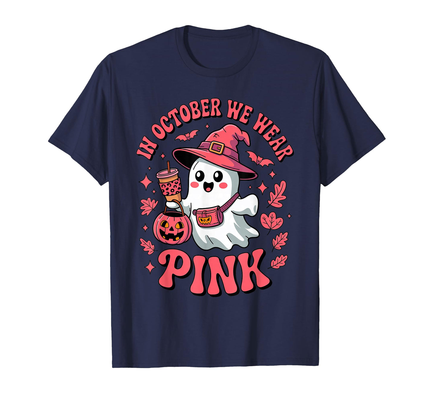 Cute Ghost with Coffee in October We Wear Pink Breast Cancer T-Shirt