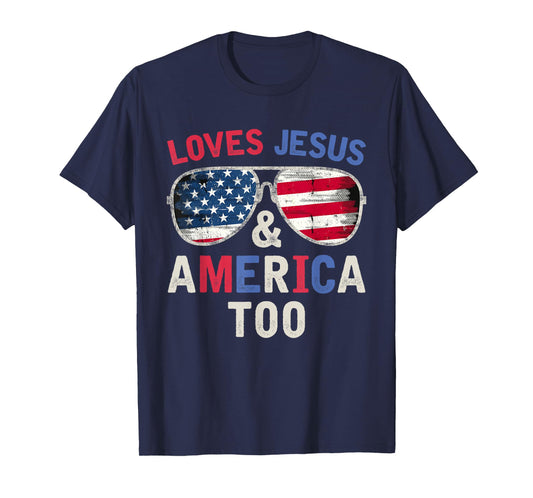 Loves Jesus and America Too God Christian Groovy 4th of July T-Shirt