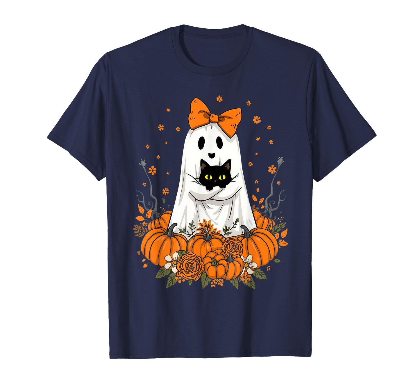 Vintage Halloween Ghost Holding Cat Groovy Floral Cat Meme T-Shirt