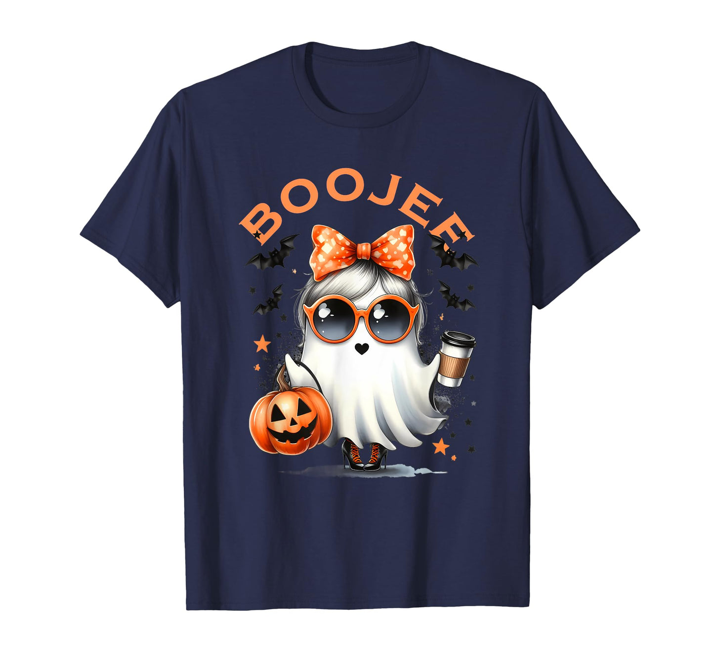 Boo Jee Ghost With Coffee Coquette Bow Halloween Women Girl T-Shirt