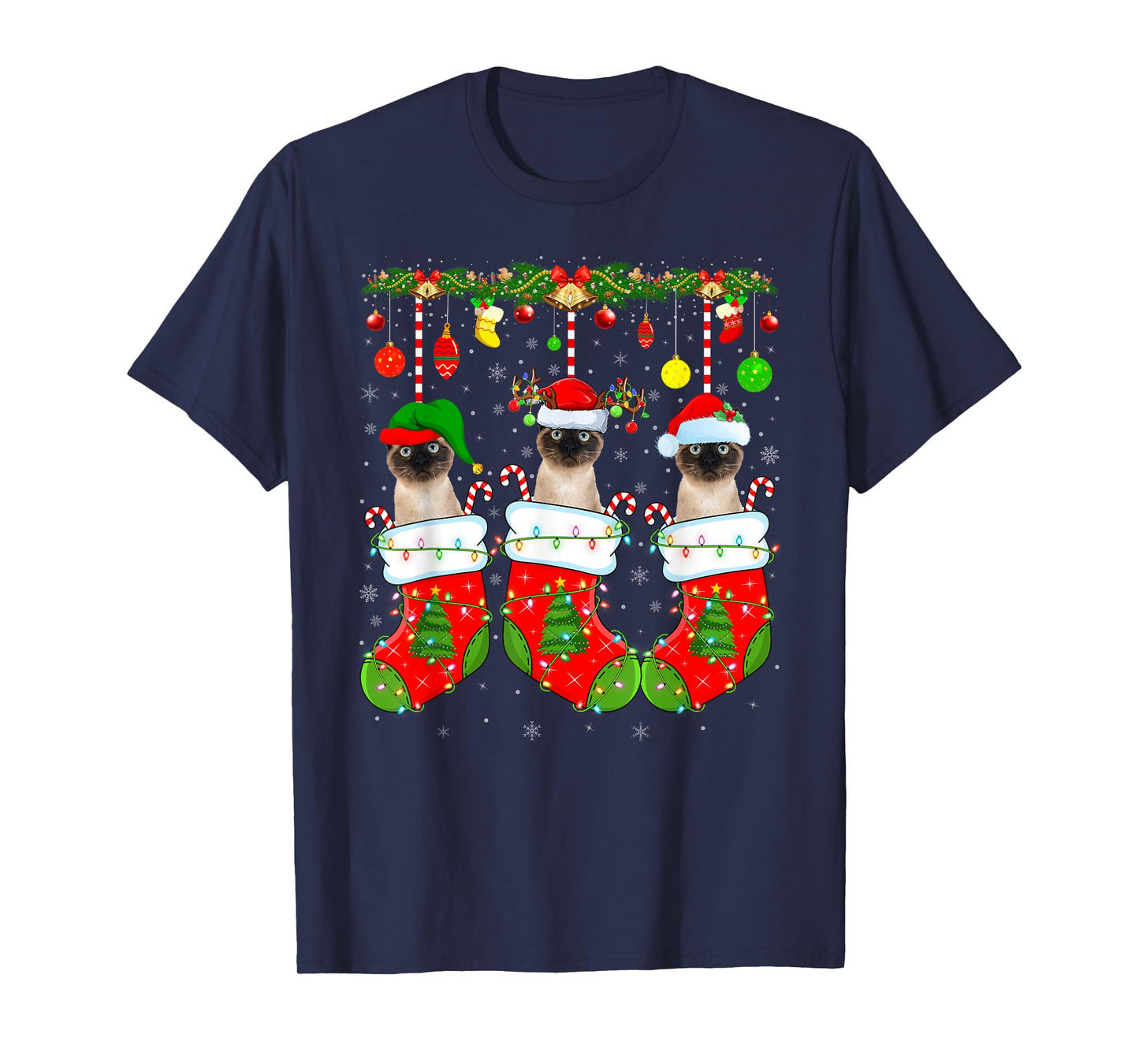 Siamese Cats in Christmas Socks Funny Cat Xmas Pajamas T-Shirt