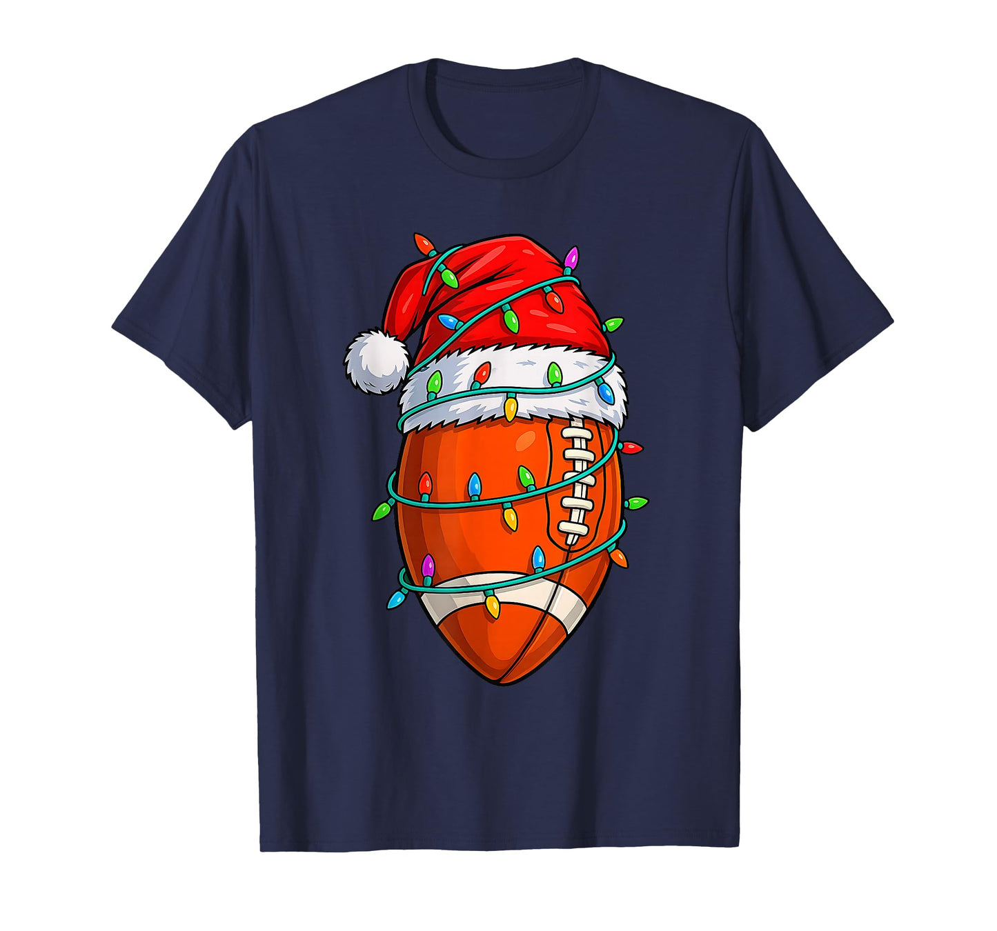 Christmas Football Santa Hat Lights Colorful Funny Player T-Shirt