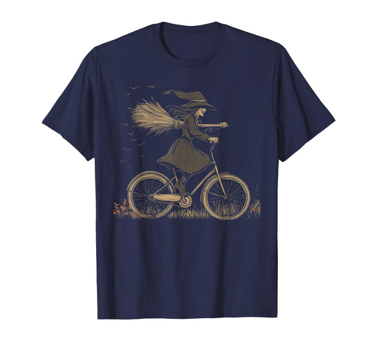 Vintage Spooky Witch Riding Bicycle Cycing Biking Halloween T-Shirt