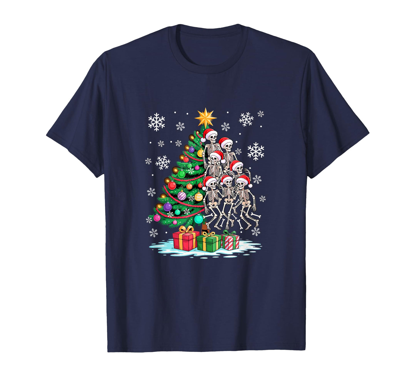 Decorating Colorful Xmas Tree Half Group Santa Skeletons T-Shirt