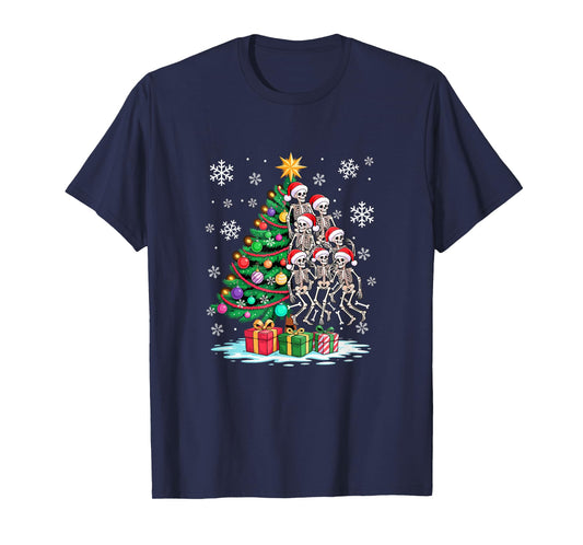 Decorating Colorful Xmas Tree Half Group Santa Skeletons T-Shirt