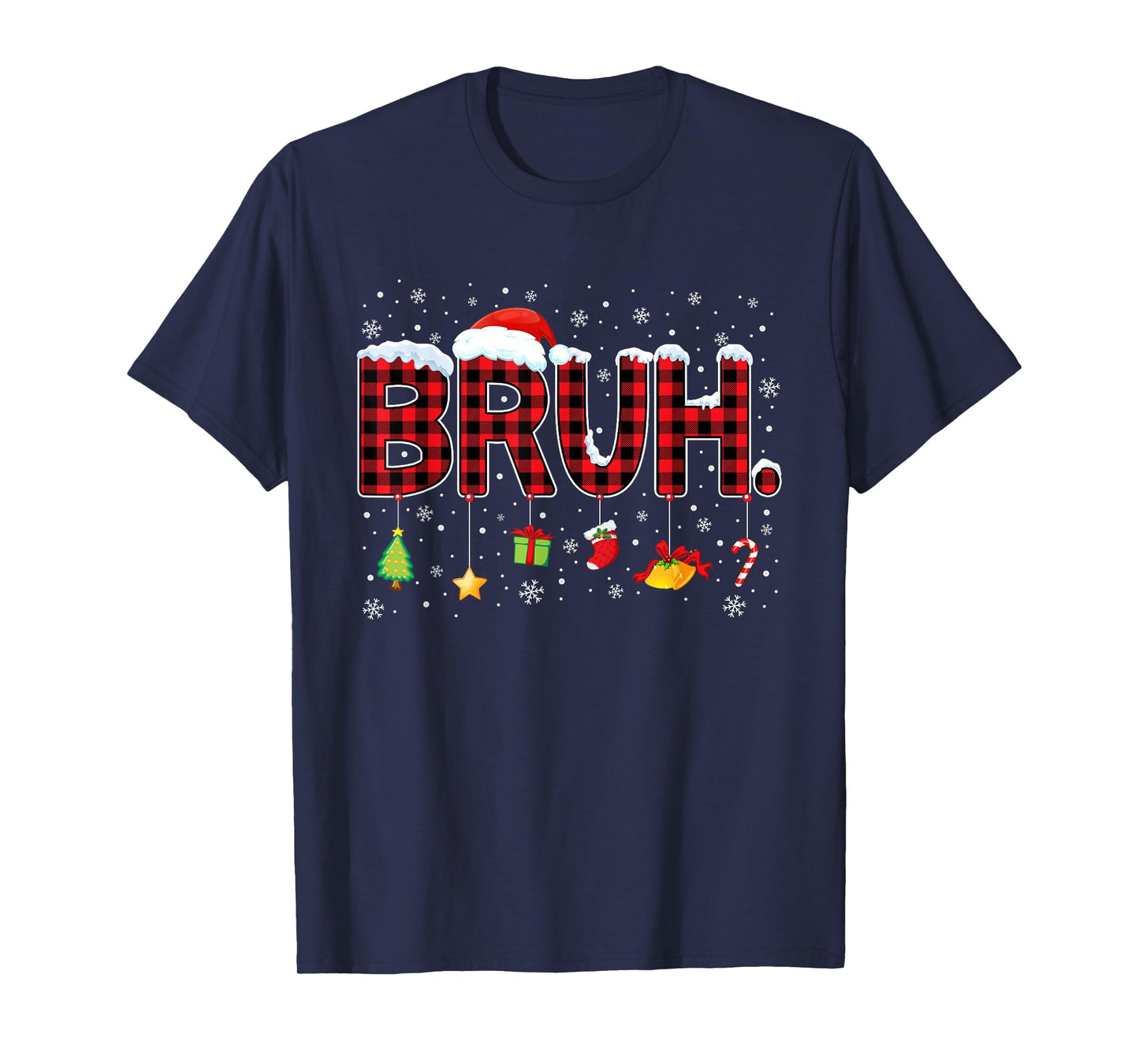 Bruh Funny Christmas Red Plaid Santa Hat Lights Xmas Pajamas T-Shirt