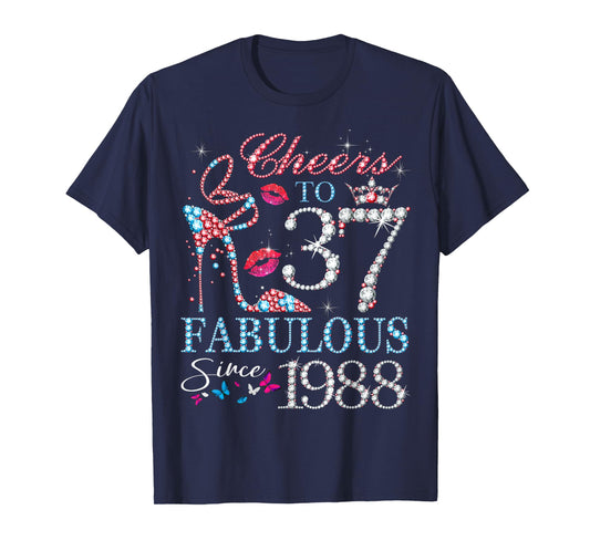 Womens Cheers to 37 Years Old EST 1988 37th Birthday Queen T-Shirt