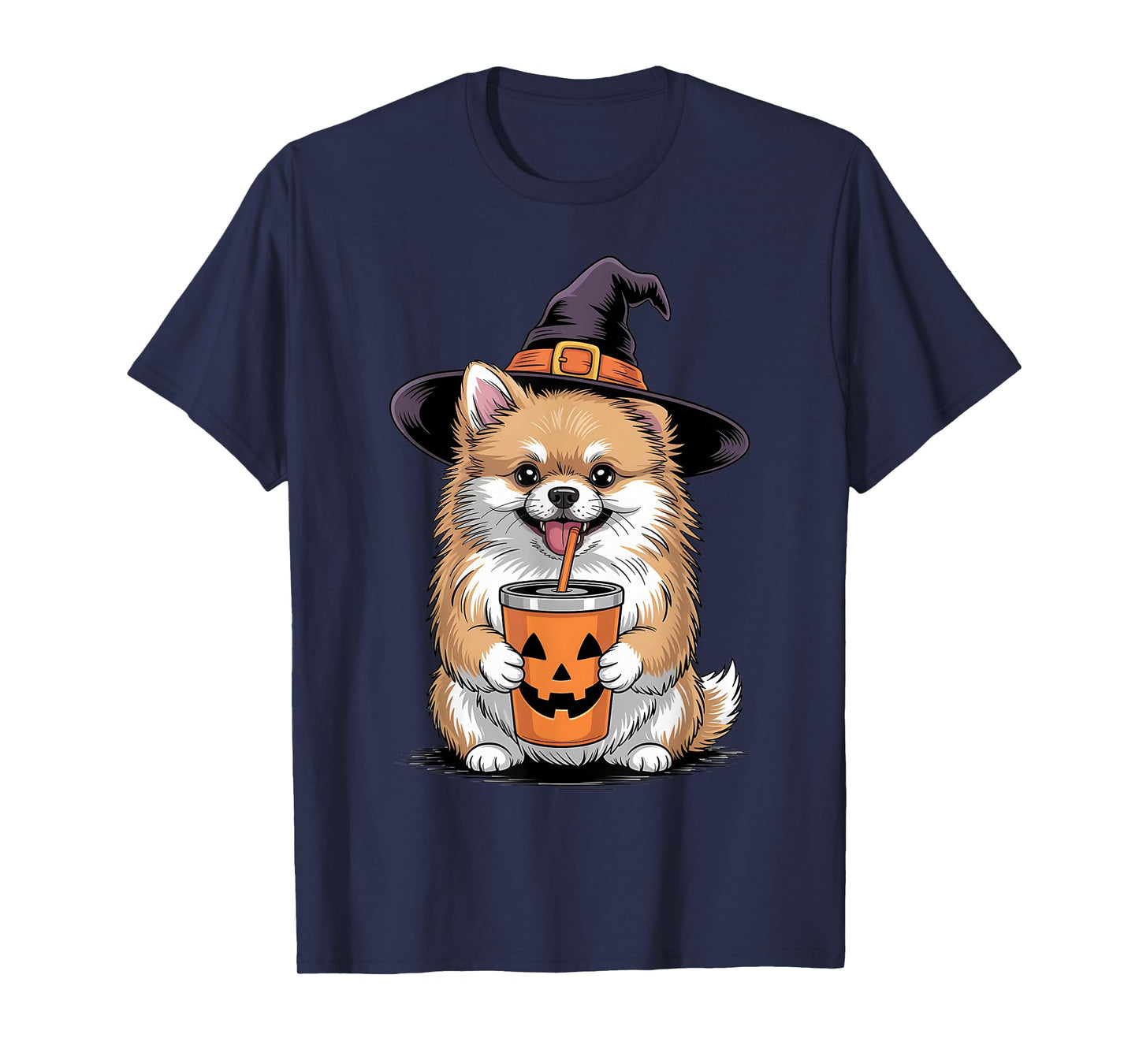 Pomeranian Witch Dog Paw Cute Halloween Spooky Pumpkin Drink T-Shirt