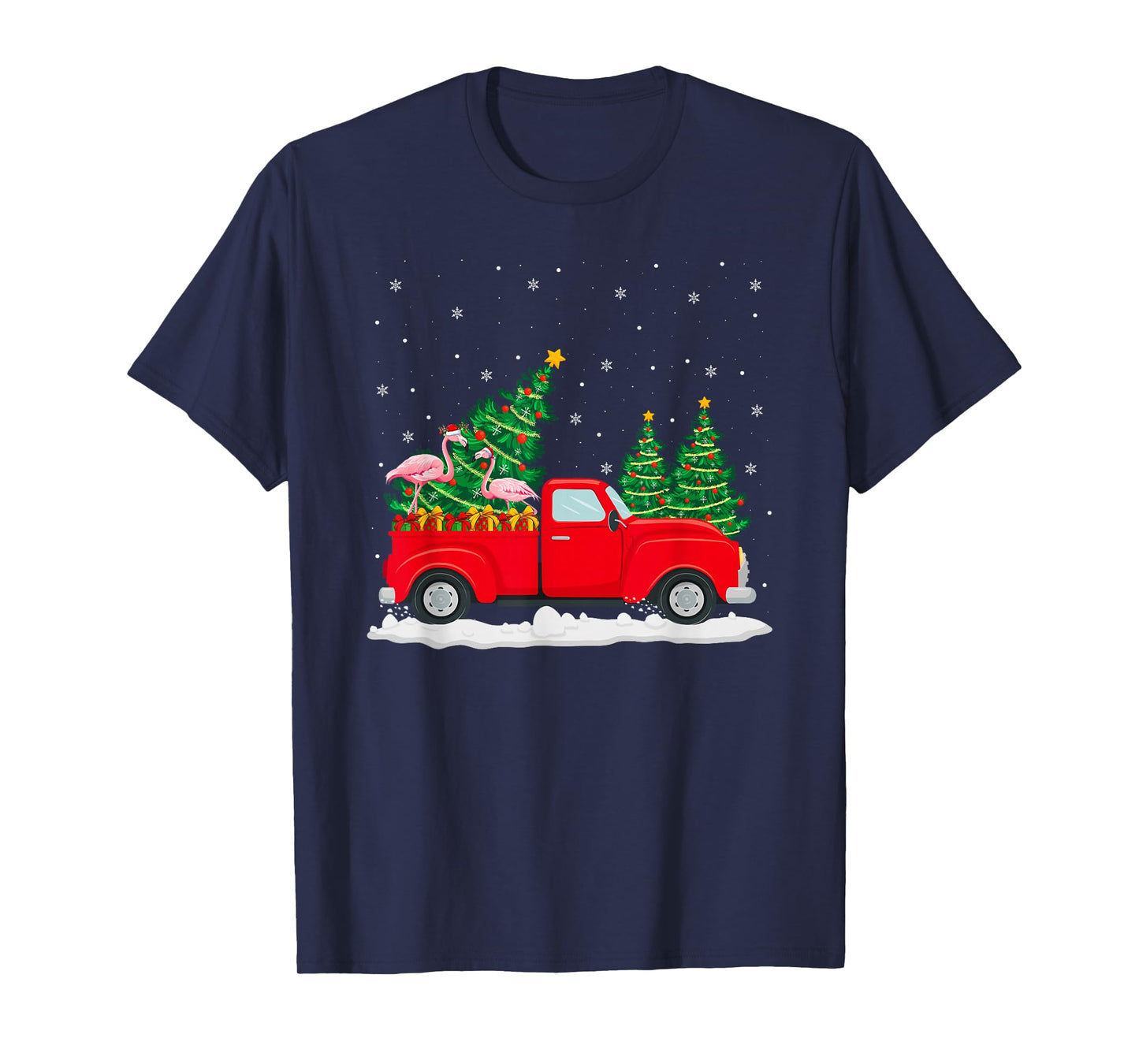 Flamingo On Red Truck Christmas Tree Lights Holiday Xmas T-Shirt