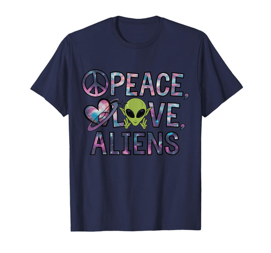 Peace Love Aliens Cool Funny Retro Vintage UFO UAP Alien T-Shirt