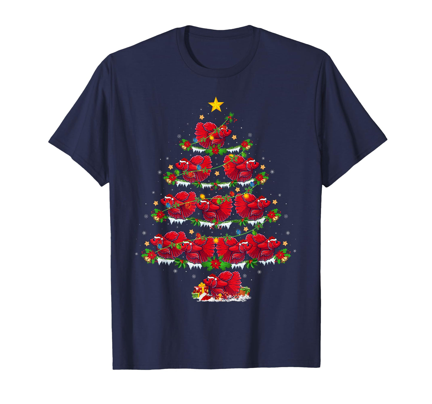 Betta Fish Christmas Tree Lights Funny Betta Fish Xmas T-Shirt