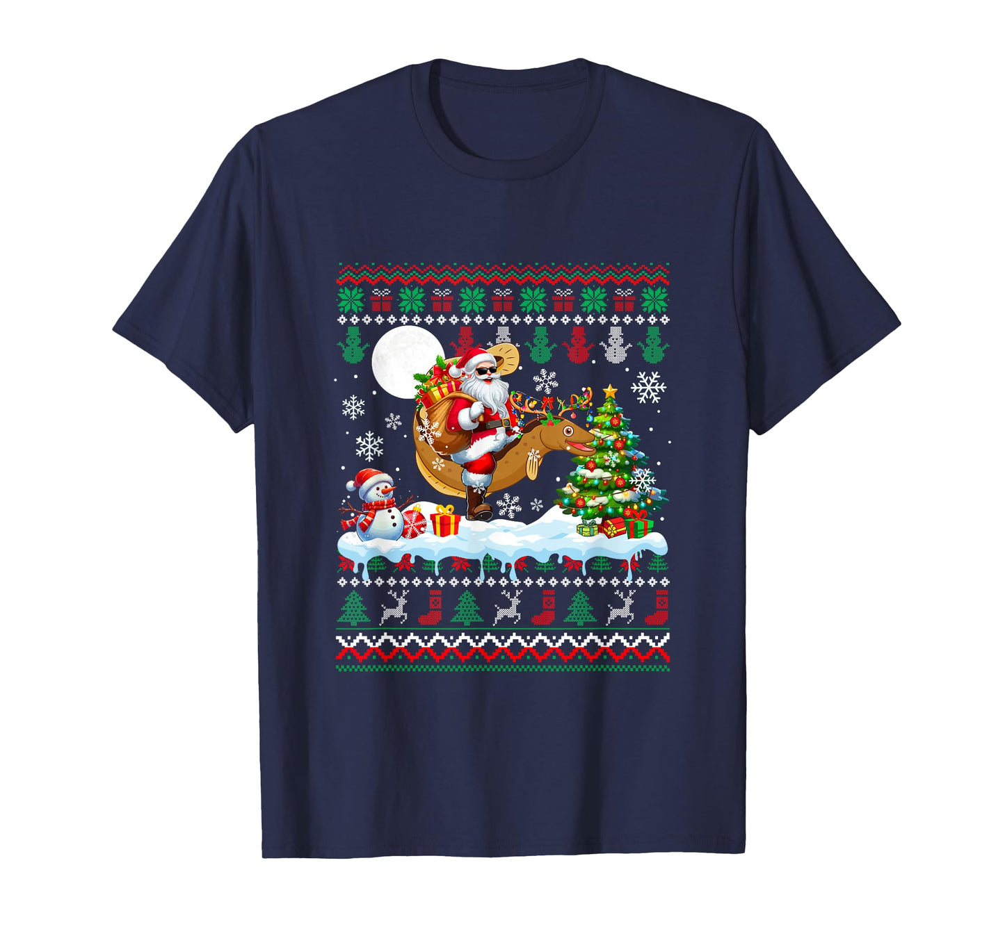 Santa Riding Reindeer EEL Sweater Xmas Tree Snowman T-Shirt