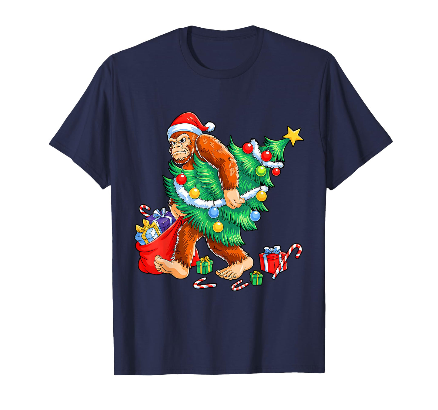 Funny Bigfoot Christmas Tree Lights Xmas Boys Men Sasquax T-Shirt