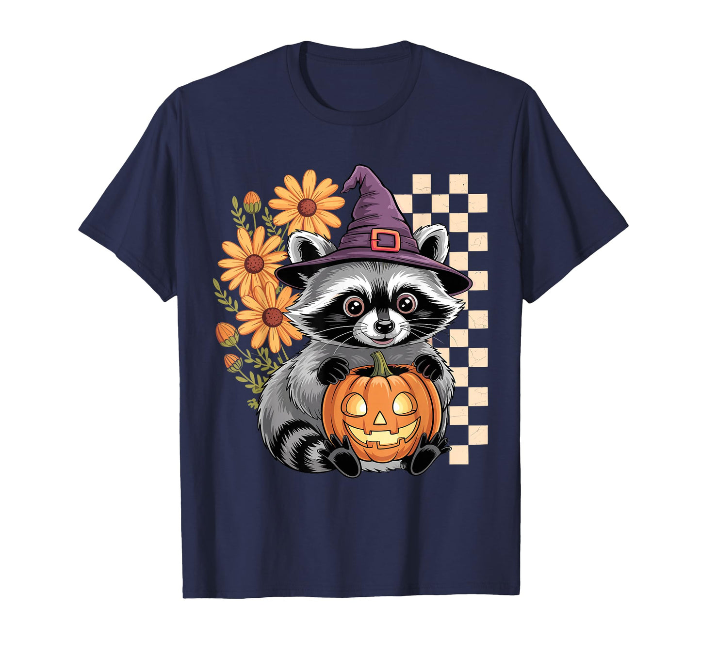 Cute Raccoon Halloween Pumpkin Fall Floral Spooky Witch Hat T-Shirt