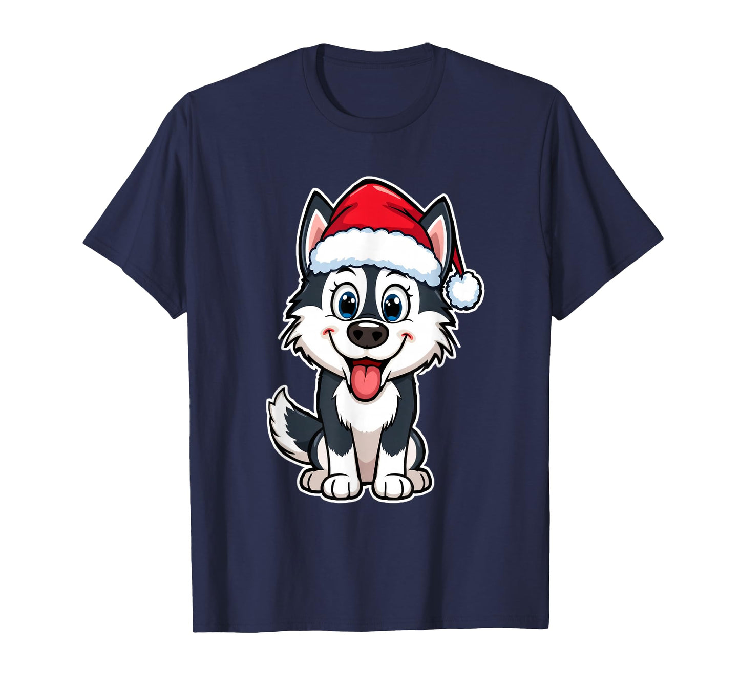 Christmas Cartoon Husky with Santa Hat Design T-Shirt