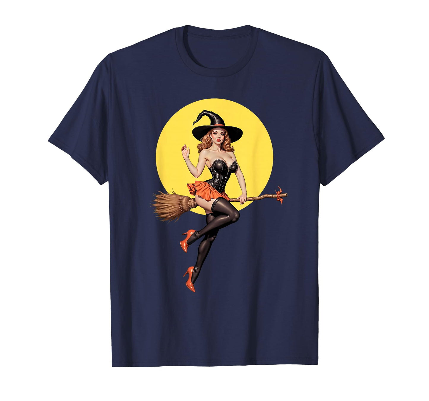Sexy Halloween Witch Pin-Up Girl Riding A Broomstick T-Shirt
