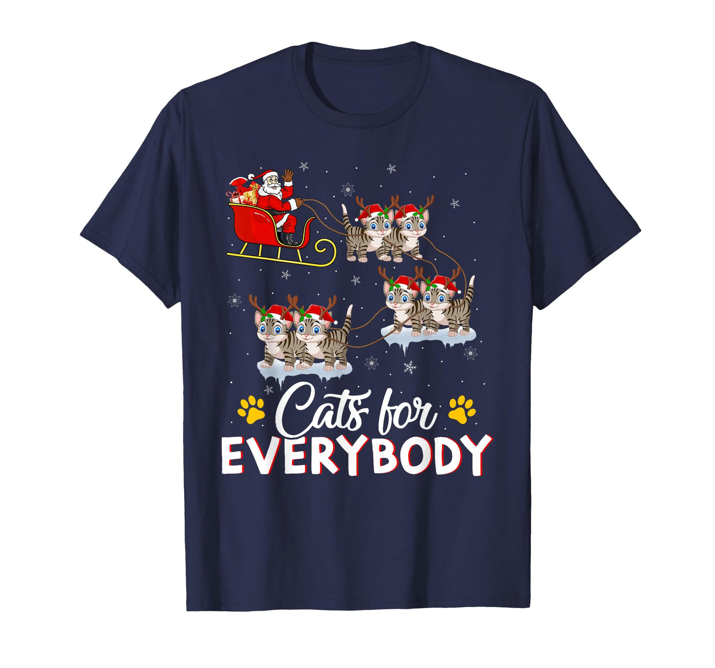 Cats for Everybody Funny Santa Sleigh Flying Cat Christmas T-Shirt