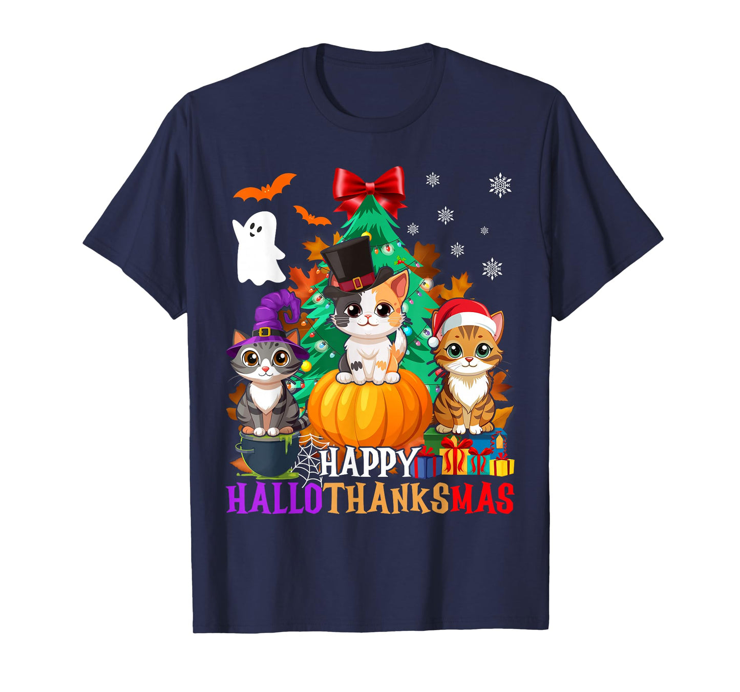 Happy Hallothanksmas Cats Halloween Thanksgiving Christmas T-Shirt