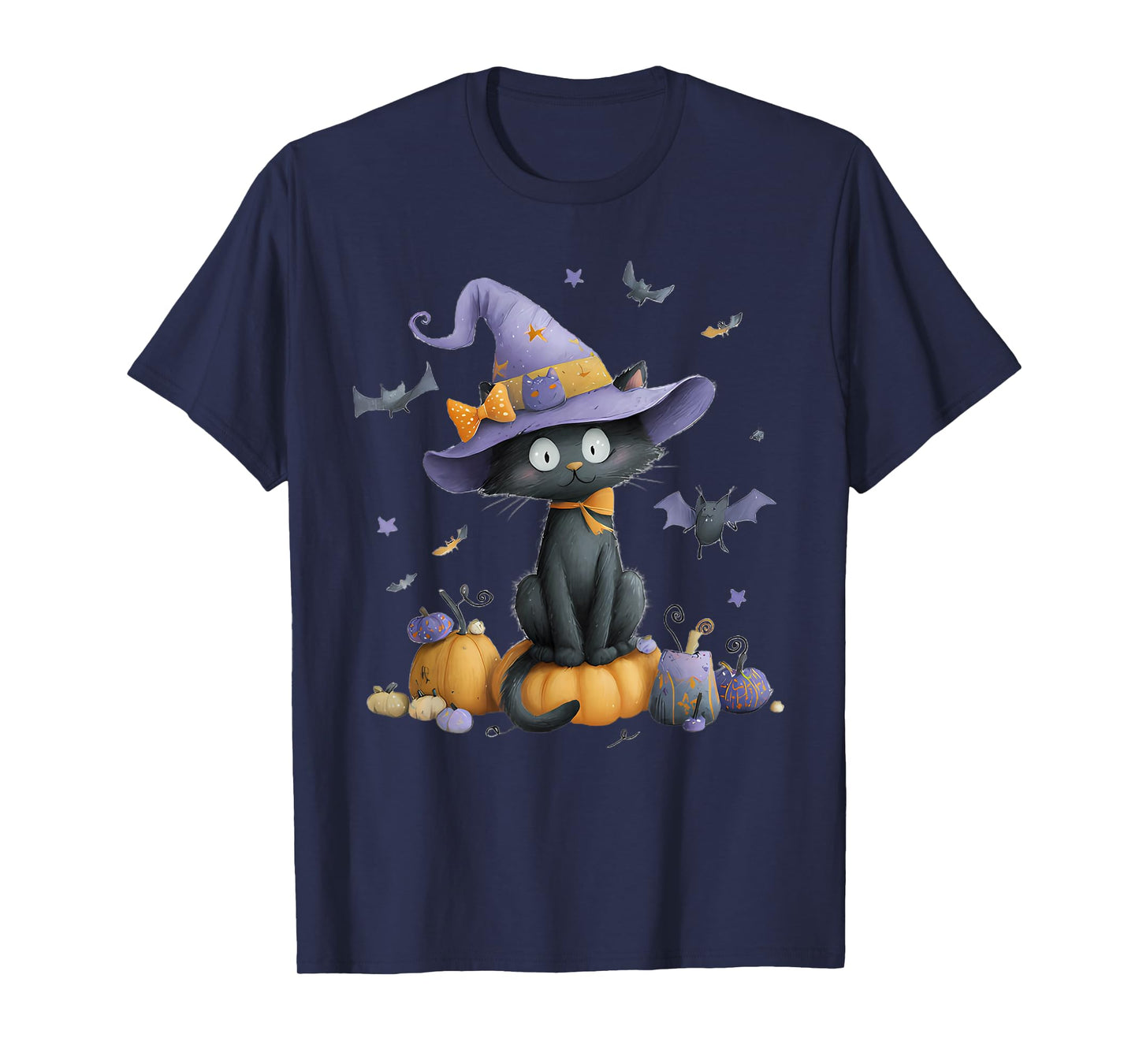 Funny Black Cat Witch Scary Halloween Pumpkin Women Men Kids T-Shirt