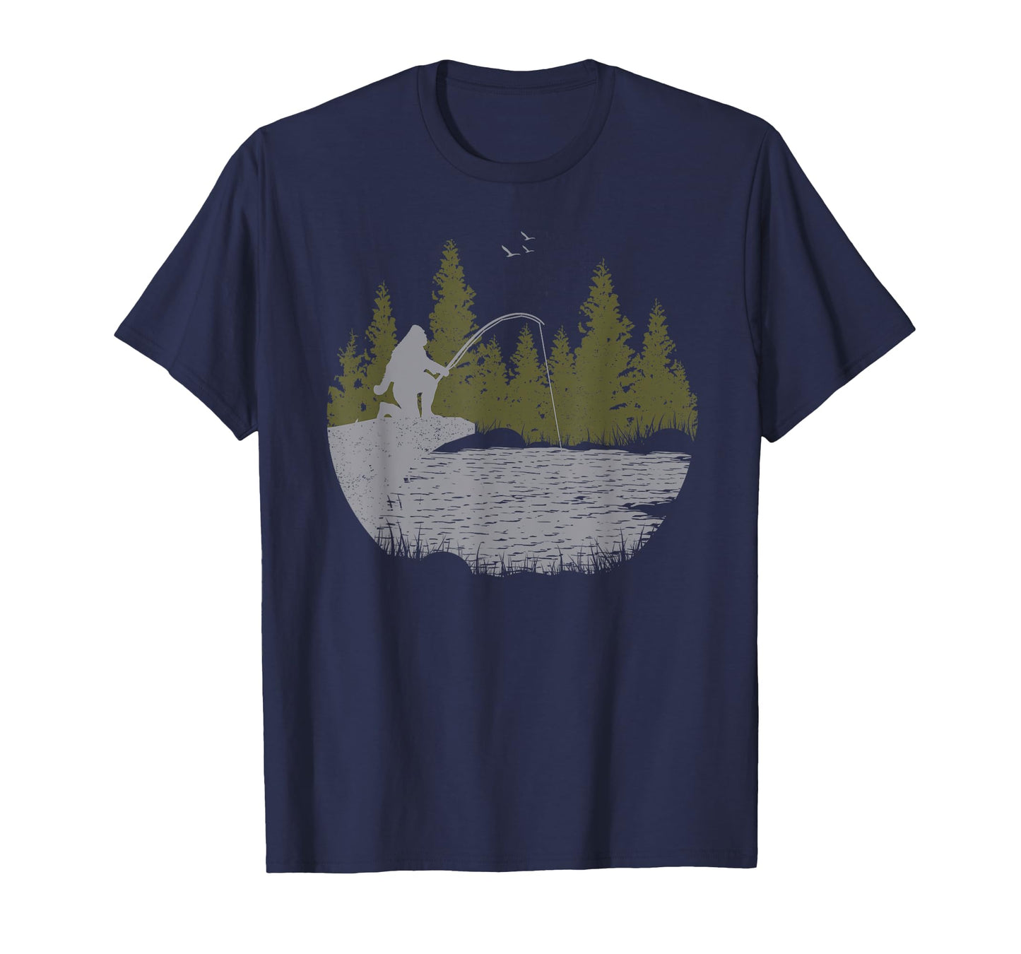 Funny Bigfoot Fishing Sasquatch & Trees Distressed Fisherman T-Shirt