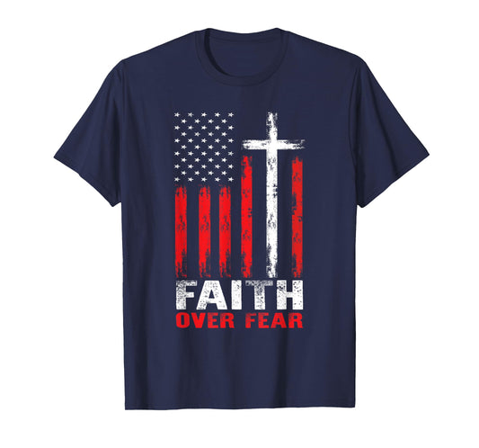 Faith Over Fear Christian Cross American Flag Distress T-Shirt