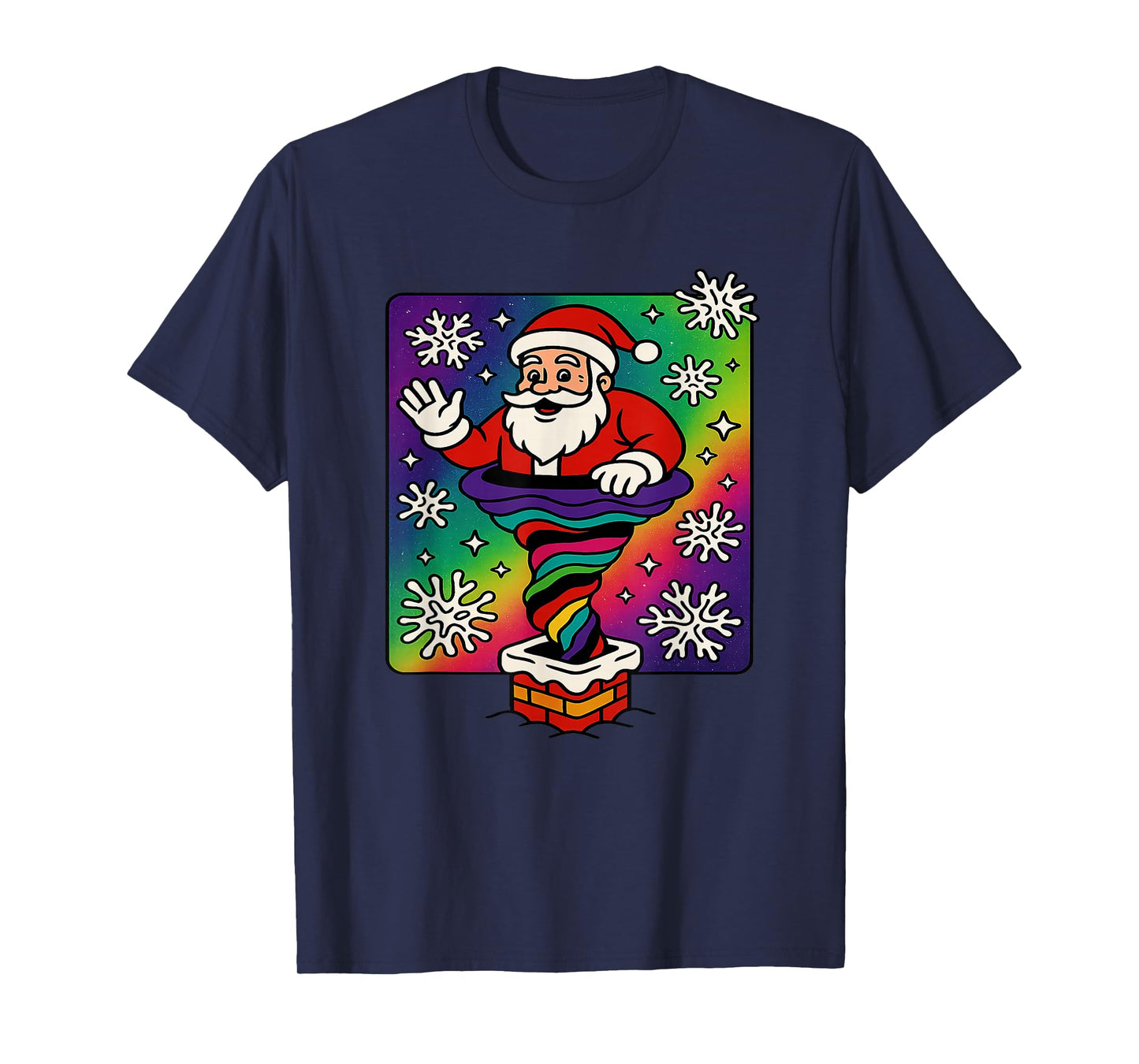 Funky Santa Rainbow Swirling in Chimney Artwork T-Shirt