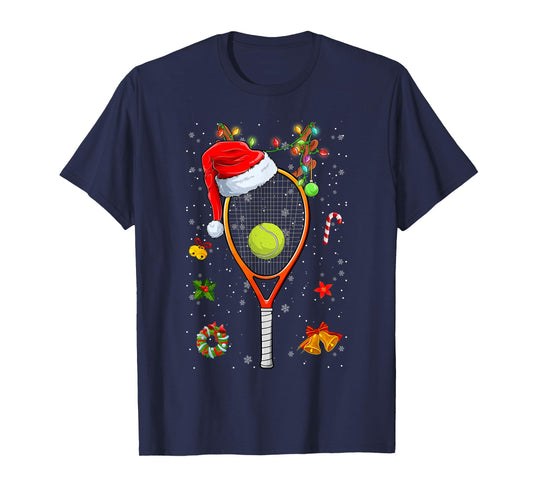 Funny Tennis Racket Reindeer Santa Hat Christmas Lights Xmas T-Shirt