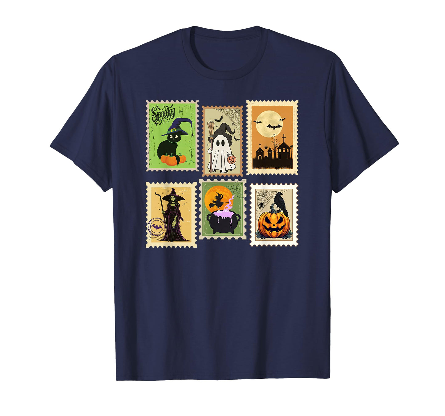 Retro Ghost Autumn Pumpkin Cat Witch Vintage Halloween Stamp T-Shirt