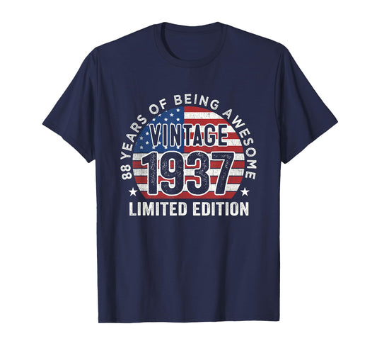 88th Birthday Gifts Men Vintage 1937 88 Years Old USA Flag T-Shirt