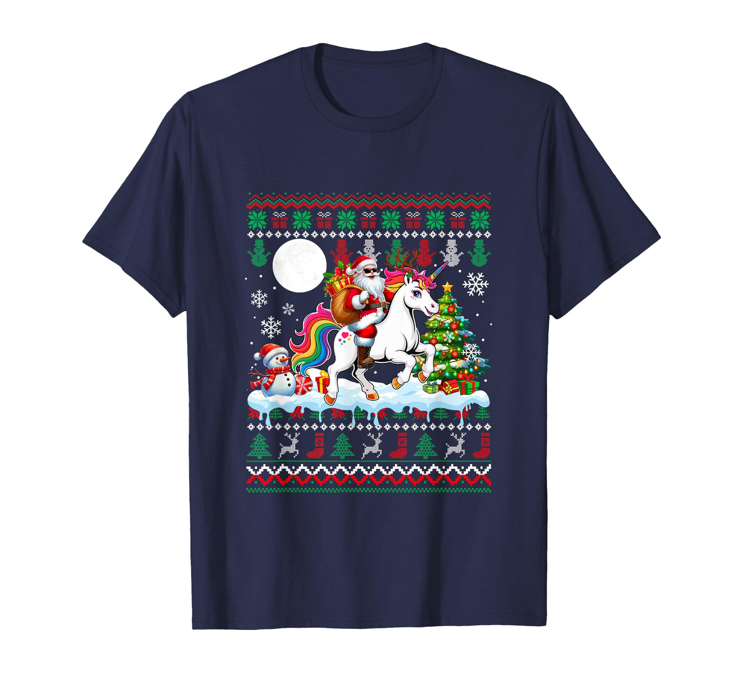 Santa Sunglasses Riding Unicorn Christmas Sweater Snowman T-Shirt