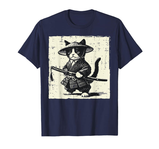 Japanese Cat Samurai Kimono Vintage Warrior Women Kids Men T-Shirt