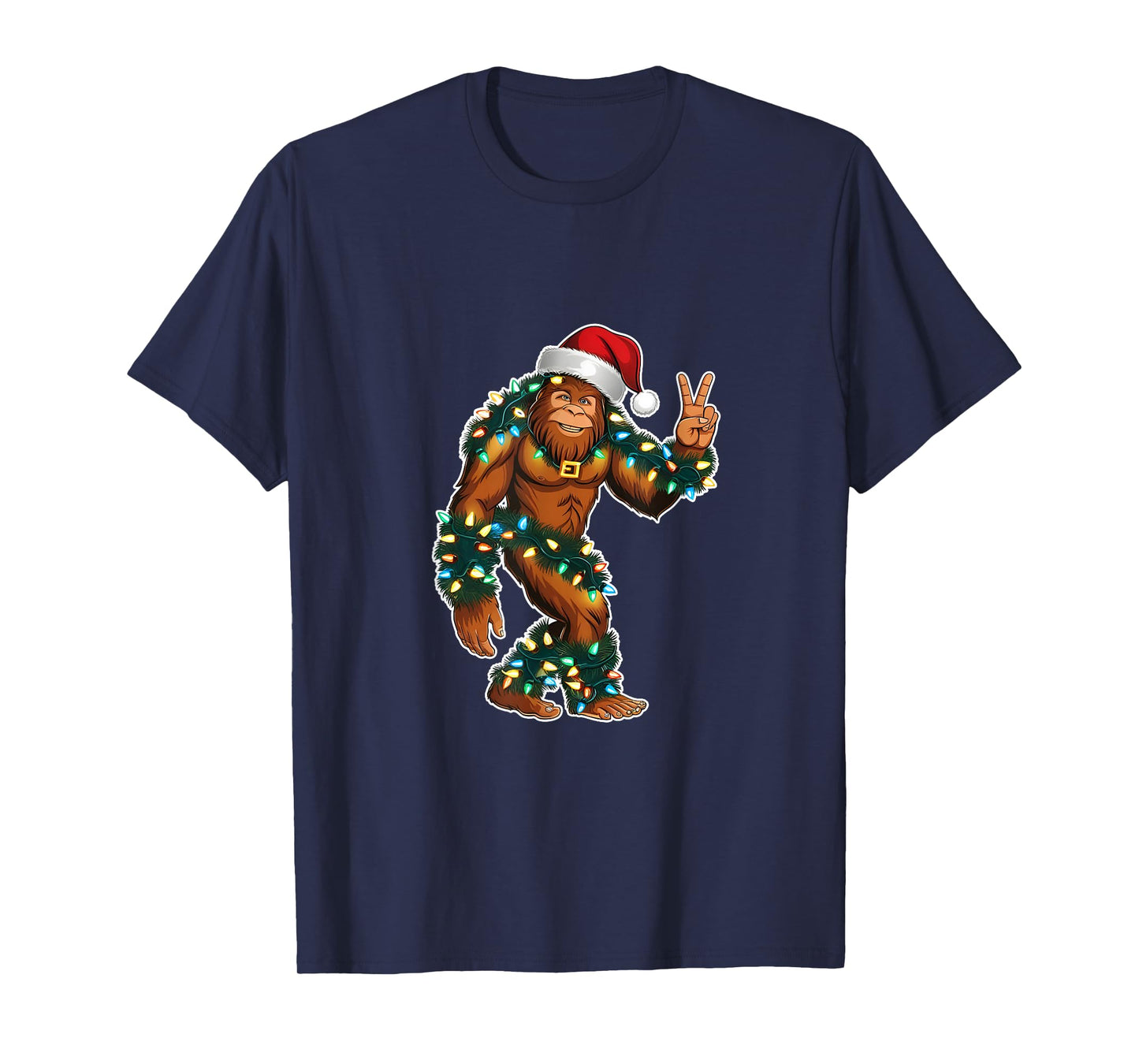 Holiday Sasquatch with Xmas Lights and Santa Hat Peace Sign T-Shirt