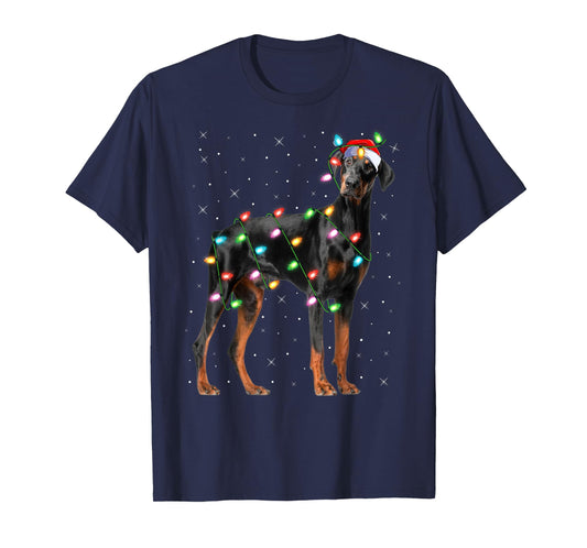 Doberman Dog Christmas Lights Santa Pet Dog Lover Xmas T-Shirt