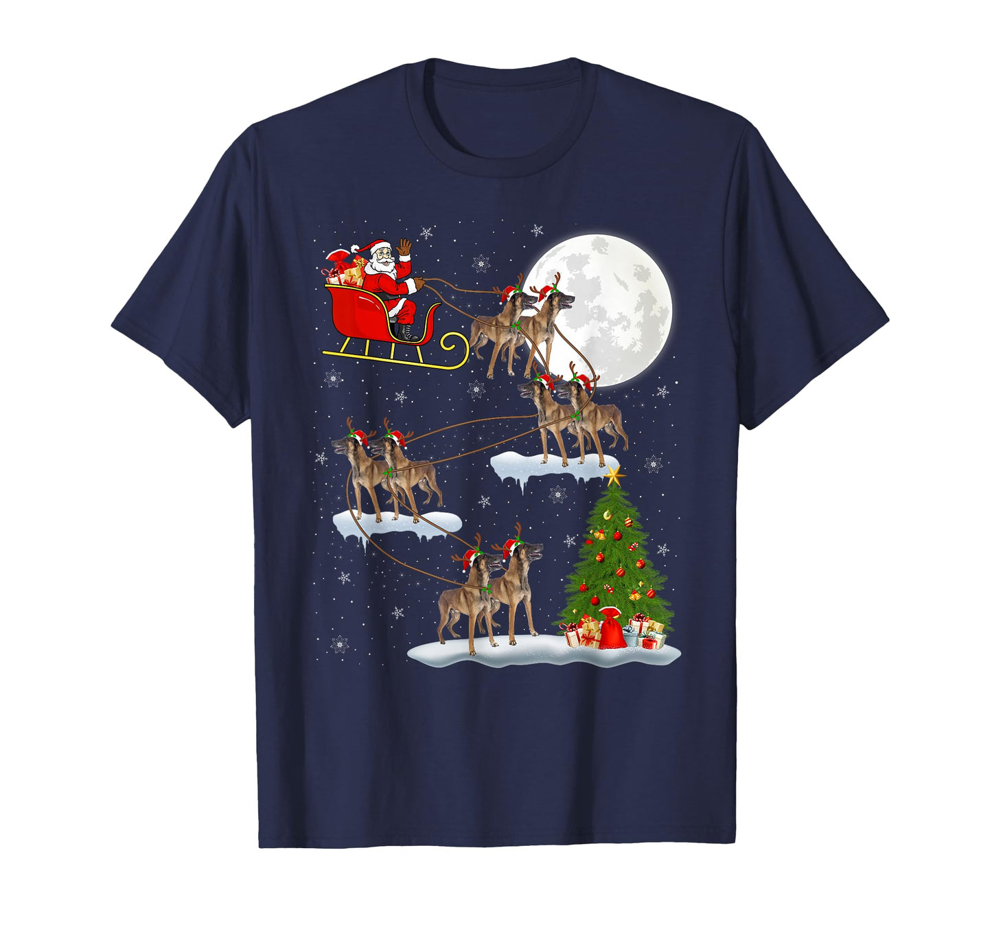 Belgian Malinois Dog Santa Sleigh Flying Funny Christmas T-Shirt