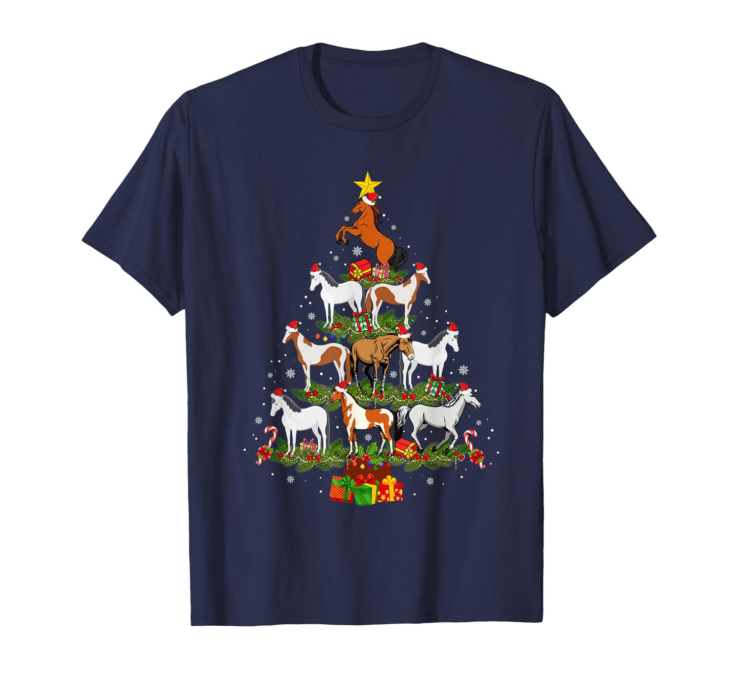 Horse Christmas Tree Lights Funny Xmas Family Men Women T-Shirt