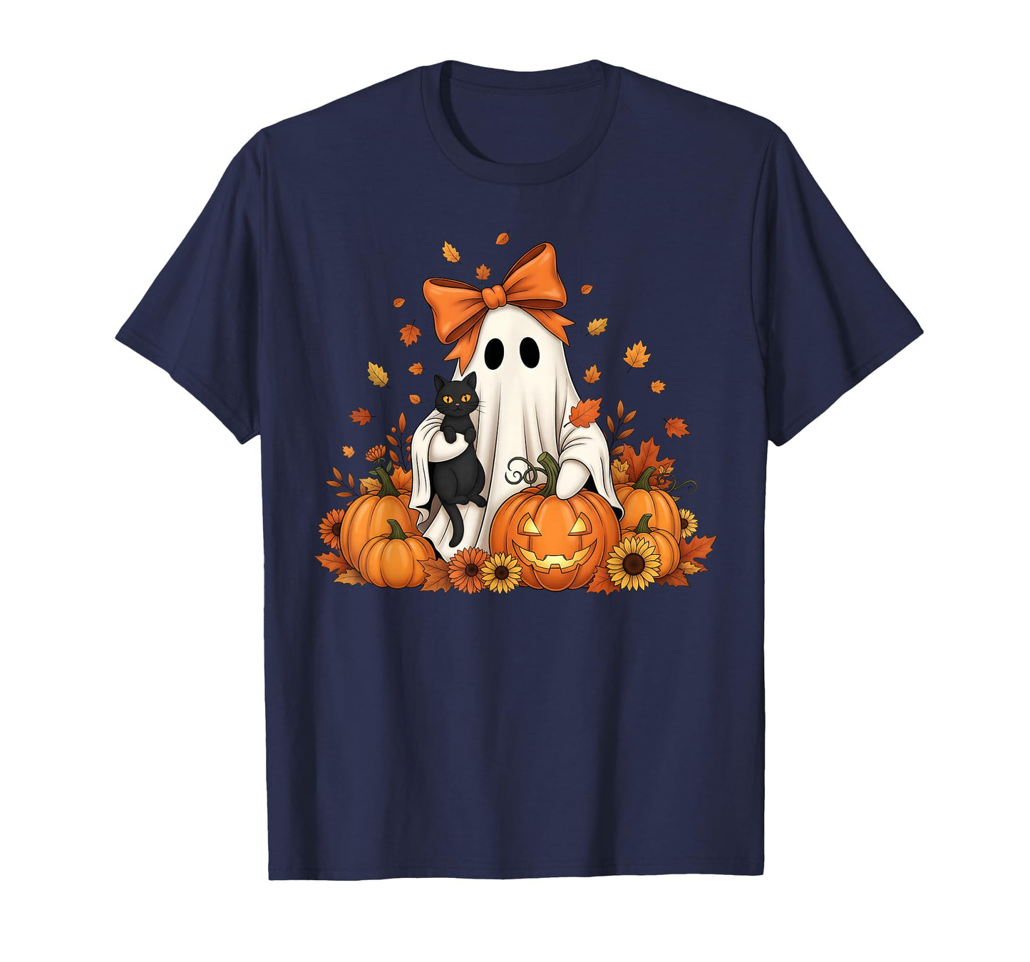 Vintage Halloween Ghost Holding Black Cat Groovy Floral T-Shirt