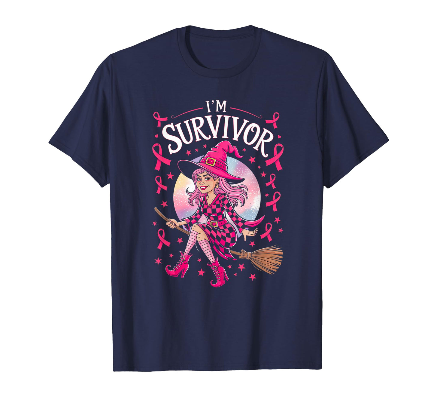 Halloween Party Witch Pink Ribbon Survivor Breast Cancer T-Shirt