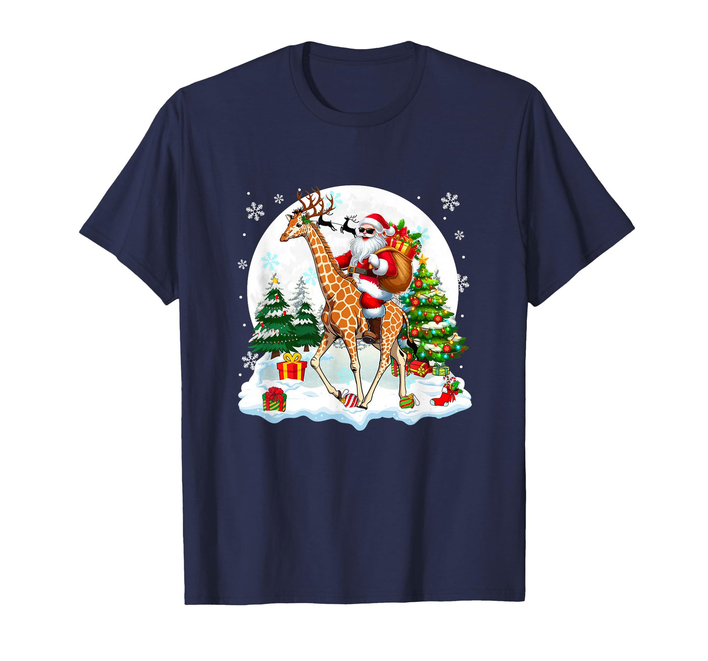 Santa Sunglasses Riding Giraffe Reindeer Christmas Snowman T-Shirt