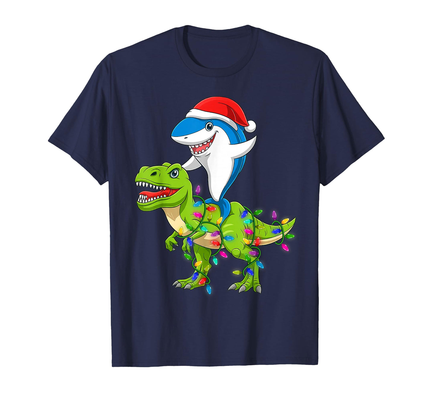 Shark Riding Dinosaur Christmas Lighting Mens Xmas Squad T-Shirt