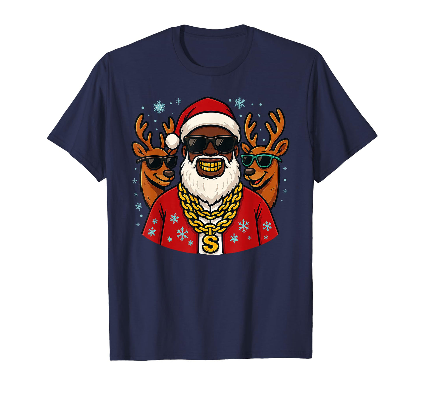 Santa Hip Hop Christmas with Chains, Grill and Reindeer T-Shirt