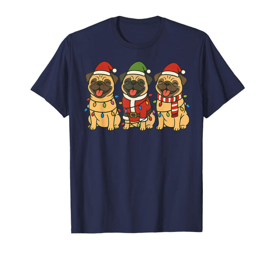 Cute Pug Dogs Christmas Lights Santa Holiday Fun Men Women T-Shirt