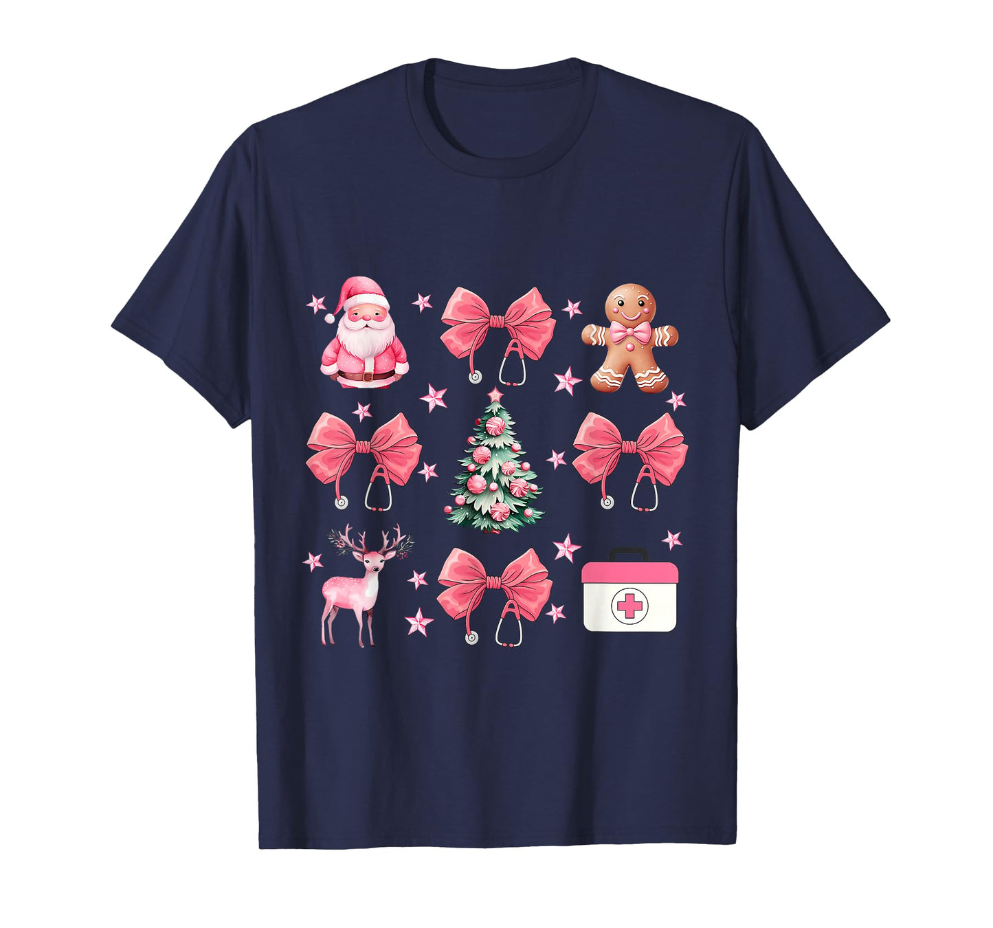 Coquette Bow Pink Nurse Tree Santa Gingerbread Christmas T-Shirt