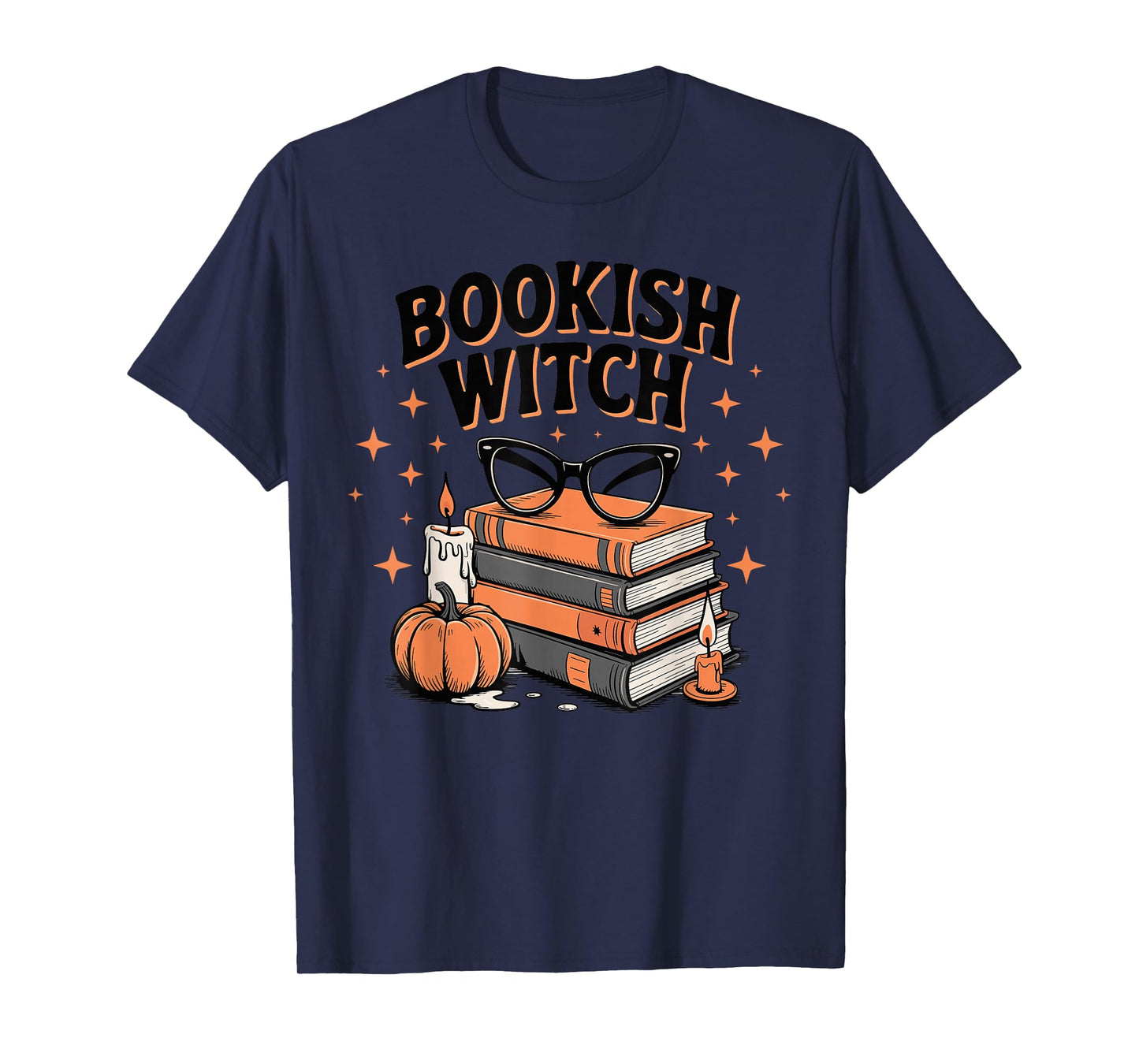 Bookish Witch Glasses Books Pumpkin Candles Scene T-Shirt