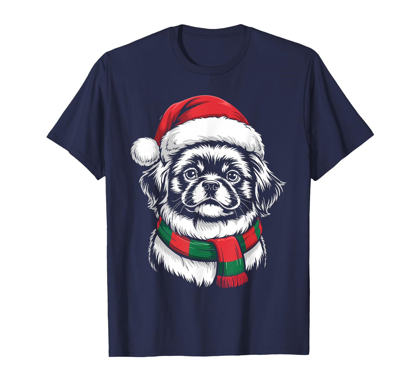 Pekingese Dog Xmas Santa Hat Scarf Christmas Costume T-Shirt