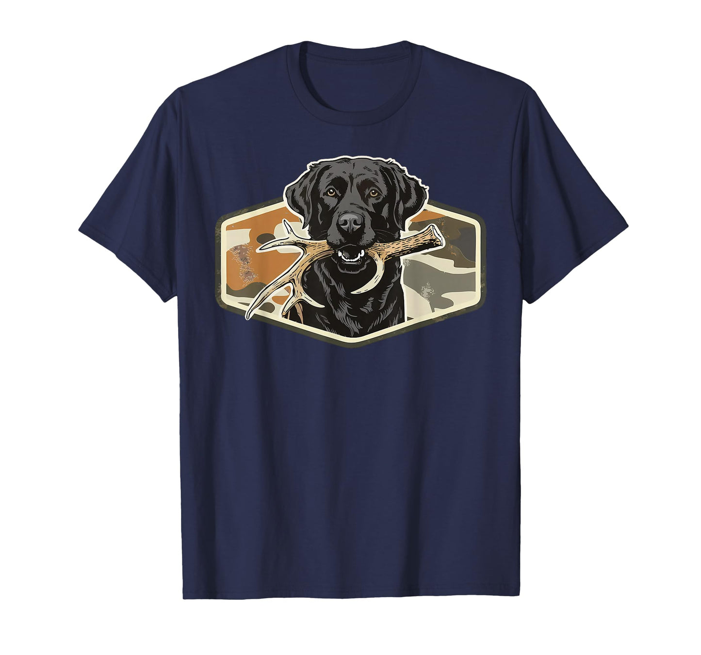 Dog Black Lab with Deer Antler Camouflage Hunting Season T-Shirt