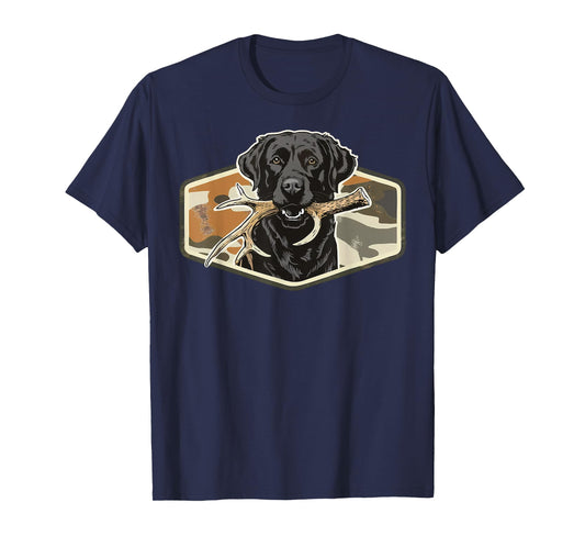 Dog Black Lab with Deer Antler Camouflage Hunting Season T-Shirt