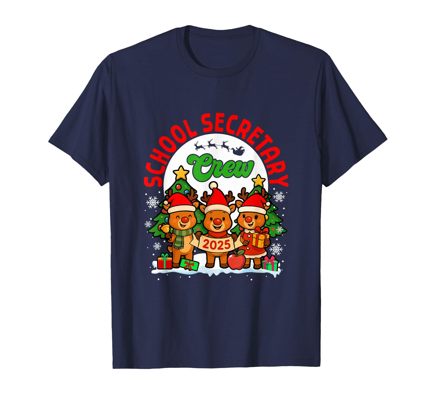 School Secretary Crew 2025 Xmas Three Santa Reindeer T-Shirt